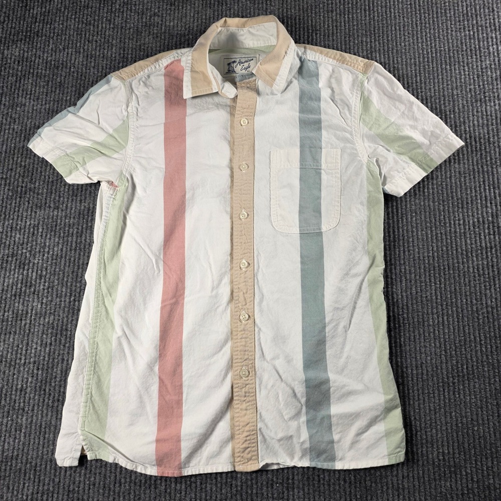 American Eagle Mens XS Short Sleeve Button Down Shirt Pastel Vertical Stripe